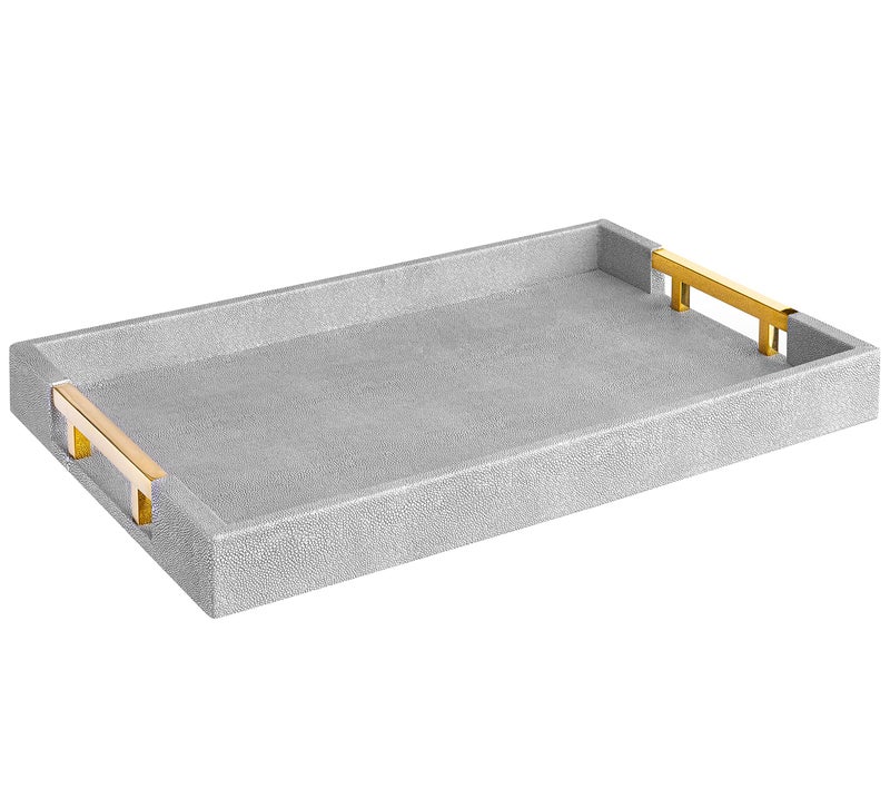 Home Redefined Modern Elegant 17.5"x12" Rectangle Glossy Grey Shagreen Faux Leather Decorative Tray Ottoman Coffee Table Perfume Kitchen Display Perfume Serving Tray with Gold Polished Metal Handles. - Image 1